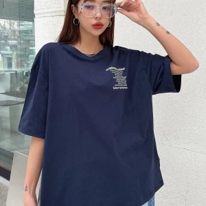 Kadın Lacivert Nothing For Nothing Baskılı Oversize T-shirt