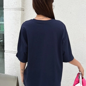 Kadın Lacivert Nothing For Nothing Baskılı Oversize T-shirt