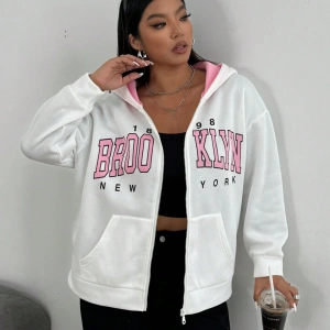 Kadın Mektup Baskılı Uzun Kollu Fermuarlı Günlük Kapşonlu Sweatshirt, Sonb Model 5178