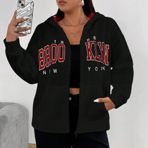 Kadın Mektup Baskılı Uzun Kollu Fermuarlı Günlük Kapşonlu Sweatshirt, Sonb Model 5178