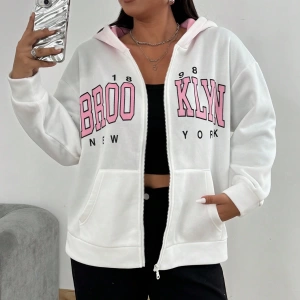 Kadın Mektup Baskılı Uzun Kollu Fermuarlı Günlük Kapşonlu Sweatshirt, Sonb Model 5178