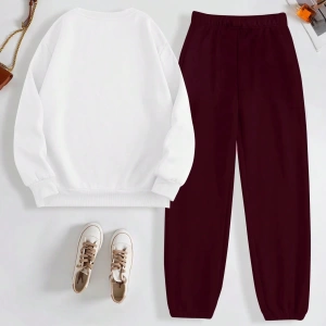 Kadın Mektup Baskılı Yuvarlak Yaka Sweatshirt Ve Eşofman Altı Takımı
