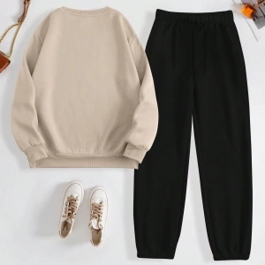 Kadın Mektup Baskılı Yuvarlak Yaka Sweatshirt Ve Eşofman Altı Takımı