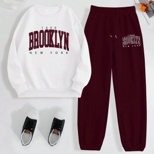 Kadın Mektup Baskılı Yuvarlak Yaka Sweatshirt Ve Eşofman Altı Takımı