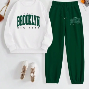 Kadın Mektup Baskılı Yuvarlak Yaka Sweatshirt Ve Eşofman Altı Takımı