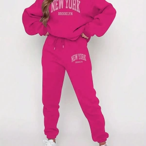Kadın Mektup Baskılı Yuvarlak Yaka Uzun Kollu Sweatshirt Ve Bağcıklı Jogger Pantolon R