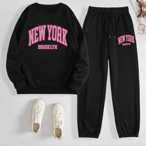 Kadın Mektup Baskılı Yuvarlak Yaka Uzun Kollu Sweatshirt Ve Bağcıklı Jogger Pantolon R