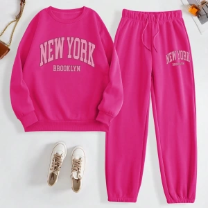 Kadın Mektup Baskılı Yuvarlak Yaka Uzun Kollu Sweatshirt Ve Bağcıklı Jogger Pantolon R