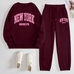 Kadın Mektup Baskılı Yuvarlak Yaka Uzun Kollu Sweatshirt Ve Bağcıklı Jogger Pantolon R