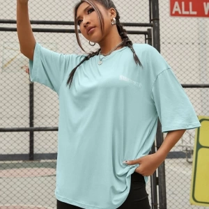 Kadın Mint Mavi To Time To Waste Baskılı Oversize Bisiklet Yaka T-shirt