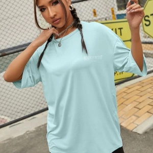 Kadın Mint Mavi To Time To Waste Baskılı Oversize Bisiklet Yaka T-shirt