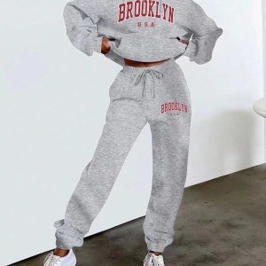 Kadın Moda Bol Spor Kapüşonlu Sweatshirt ve Eşofman Altı İki Parçalı Takım, Bayan İlkb