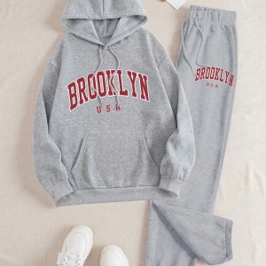 Kadın Moda Bol Spor Kapüşonlu Sweatshirt ve Eşofman Altı İki Parçalı Takım, Bayan İlkb