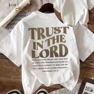 Kadın Modası Rahat True In The Lord Mektup Baskılı Yuvarlak Yaka Kısa Kollu Tişört, İlkbahar