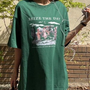 Kadın Nefti Yeşili Seize The Day Baskılı Oversize T-shirt