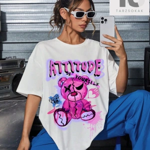 Kadın Oversize Düşük Omuzlu Yuvarlak Yaka Koyu Ayı ve Harf Baskılı Tişört