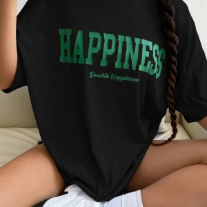 Kadın Oversize Hapiness Baskılı Siyah