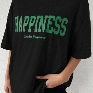 Kadın Oversize Hapiness Baskılı Siyah