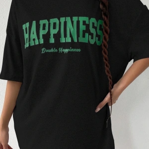 Kadın Oversize Hapiness Baskılı Siyah