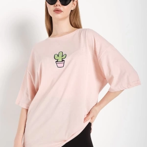 Kadın Pembe Cactus Logo Baskılı Oversize T-shirt