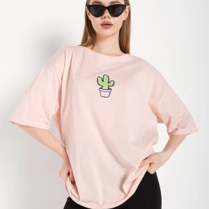 Kadın Pembe Cactus Logo Baskılı Oversize T-shirt