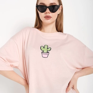 Kadın Pembe Cactus Logo Baskılı Oversize T-shirt