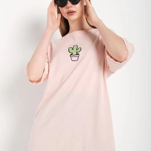 Kadın Pembe Cactus Logo Baskılı Oversize T-shirt