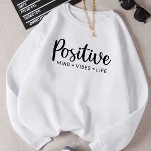 Kadın Positive Renkli Oversize Bisiklet Yaka Pamuklu Sweatshirt Beyaz