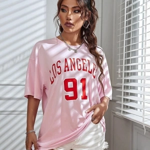 Kadın Pudra Pembe Los Angeles 91 Baskılı Oversize Tişört
