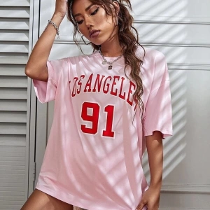 Kadın Pudra Pembe Los Angeles 91 Baskılı Oversize Tişört