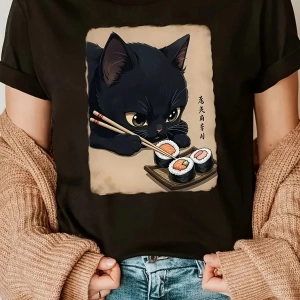 Kadın Rahat Bol Kesim Kısa Kollu Yuvarlak Yaka Tişört Kedi Suşi Yiyen Baskılı, Günlük Giyim İ
