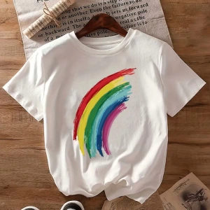 Kadın Rahat Gökkuşağı Baskılı Tişört, Yaz Kısa Kollu Yuvarlak Yaka Üst, Polyester Örgü