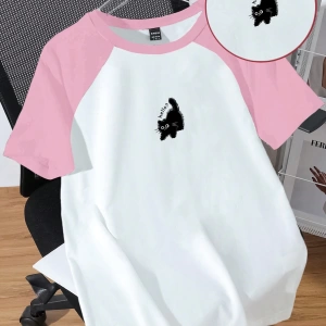 Kadın Rahat Minimalist Kedi Grafik Yuvarlak Yaka Kısa Kollu Bol Kesim Tişört, Ya