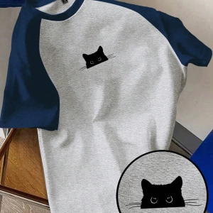 Kadın Rahat Minimalist Kedi Grafik Yuvarlak Yaka Kısa Kollu Bol Kesim Tişört, Ya