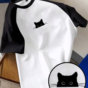 Kadın Rahat Minimalist Kedi Grafik Yuvarlak Yaka Kısa Kollu Bol Kesim Tişört, Ya