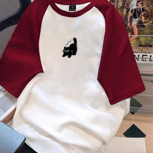 Kadın Rahat Minimalist Kedi Grafik Yuvarlak Yaka Kısa Kollu Bol Kesim Tişört, Ya