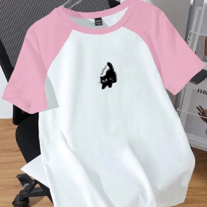 Kadın Rahat Minimalist Kedi Grafik Yuvarlak Yaka Kısa Kollu Bol Kesim Tişört, Ya