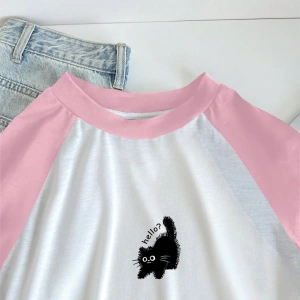Kadın Rahat Minimalist Kedi Grafik Yuvarlak Yaka Kısa Kollu Bol Kesim Tişört, Ya
