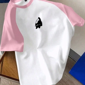 Kadın Rahat Minimalist Kedi Grafik Yuvarlak Yaka Kısa Kollu Bol Kesim Tişört, Ya