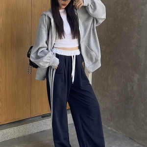 Kadın Renk Bloklu Bağcıklı Yaka Termal Astarlı Kapşonlu Sweatshirt, Uzun Kollu Üstler Model 5196