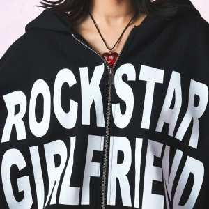 KADIN Rockstar Girlfriend Tam Fermuarlı Kısa Kapüşonlu Üst Cesur Sokak Giyimi Y2K Este Model 5202