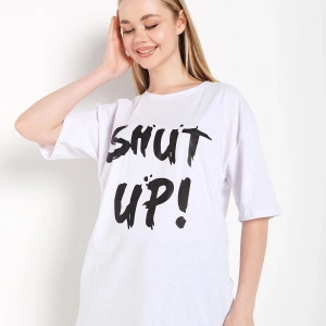 Kadın Shut Up Beyaz Baskılı Oversize Tshırt