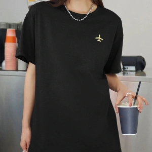 Kadın Siyah Airplane Baskılı Oversize T-shirt
