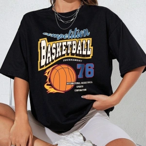 Kadın Siyah Basketball Tournament Baskılı Oversize Tişört