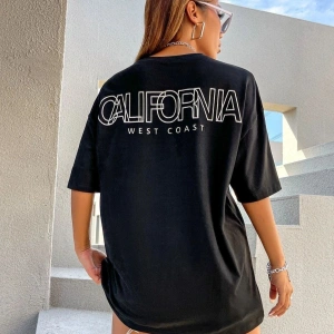 Kadın Siyah Calıfornıa West Coats Baskılı Oversize Bisiklet Yaka Tshirt