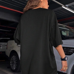 Kadın Siyah Compeltition Baskılı Oversize T-shirt