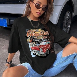 Kadın Siyah Compeltition Baskılı Oversize T-shirt