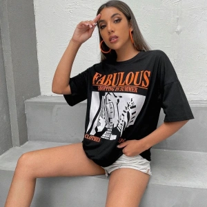 Kadın Siyah Fabulous Baskılı Oversize Bisiklet Yaka Tshirt