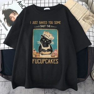 Kadın Siyah Fucupcakes Baskılı Oversize Bisiklet Yaka Tshirt