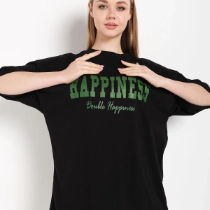 Kadın Siyah Happıness Baskılı Oversize Tshirt